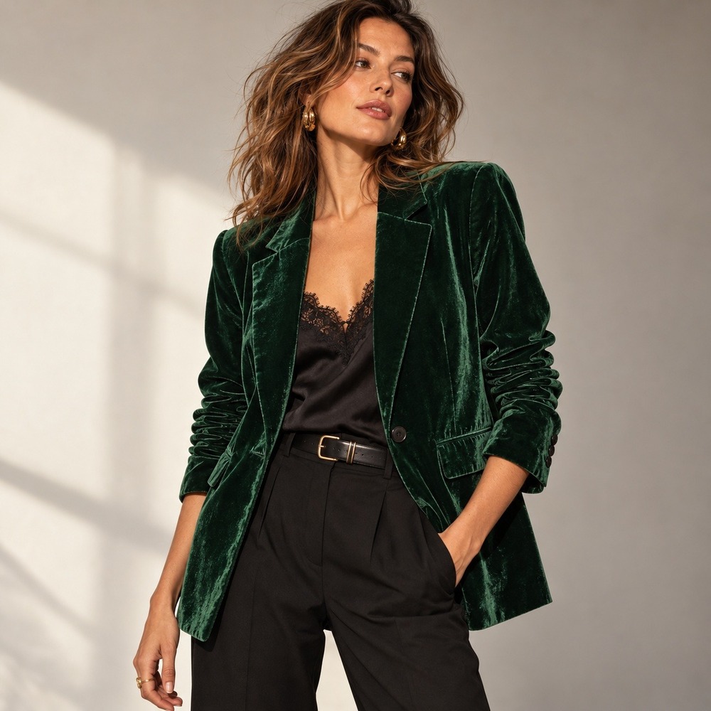 Forest Green Velvet Blazer L Holiday Party Dark Academia Jacket